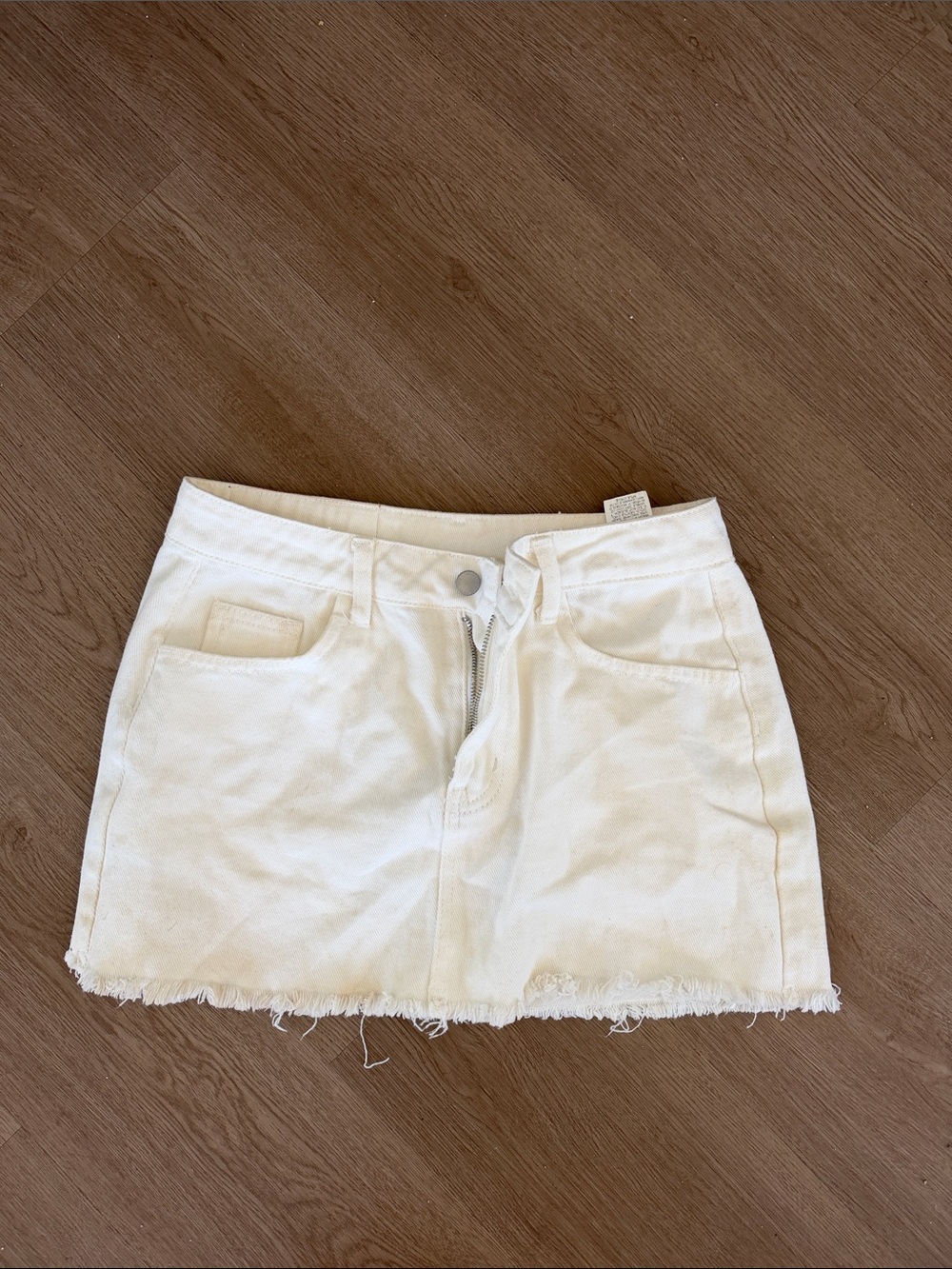 White Denim Mini Skirt with Frayed Hem